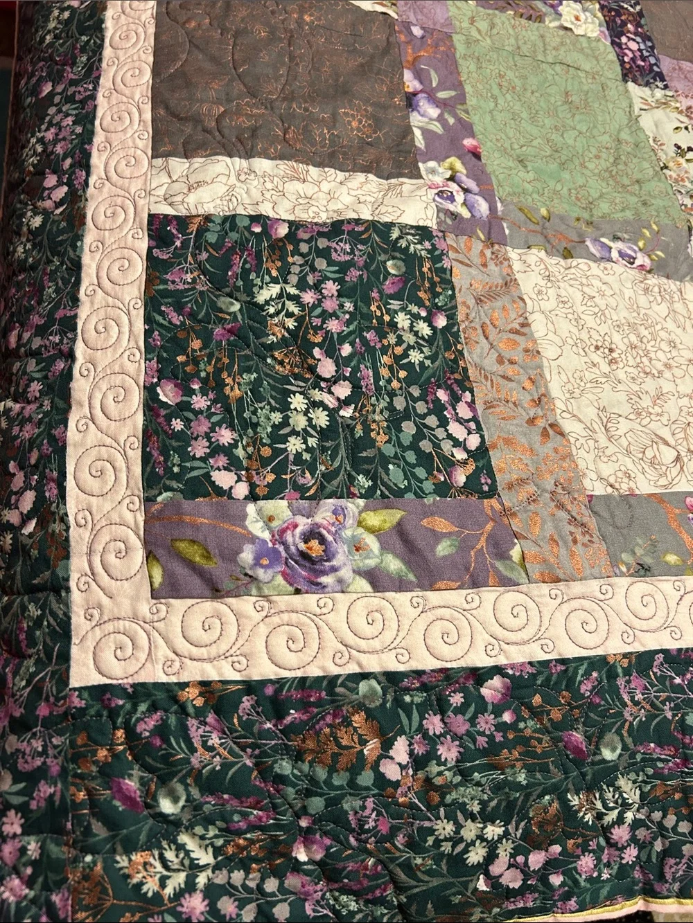ONE OF A KIND - HANDCRAFTED Quilt in Shades of Purples, Green and Cream